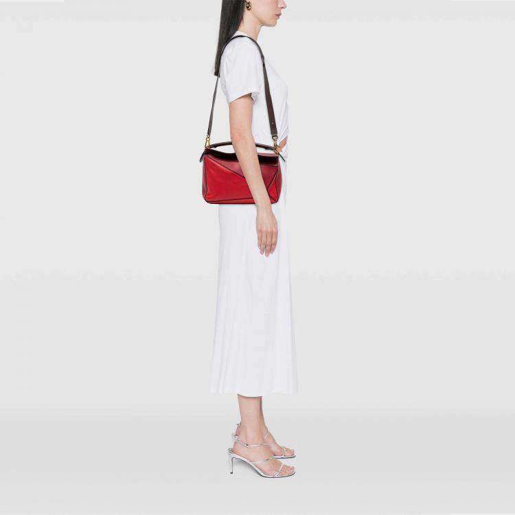 Pre Owned Loewe Red Medium Tricolor Calfskin Puzzle Satchel
