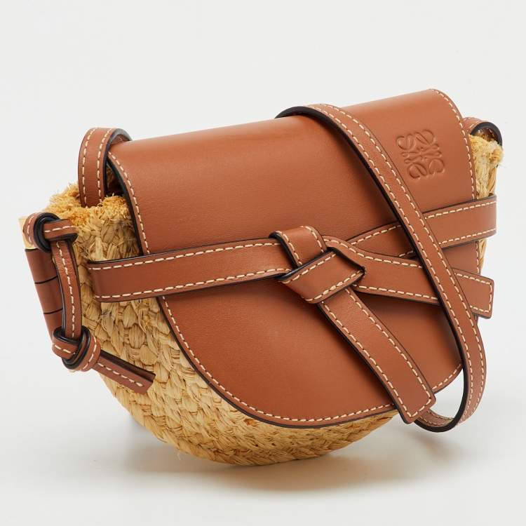 Pre Owned Loewe Beige/Tan Raffia and Leather Mini Gate Shoulder Bag