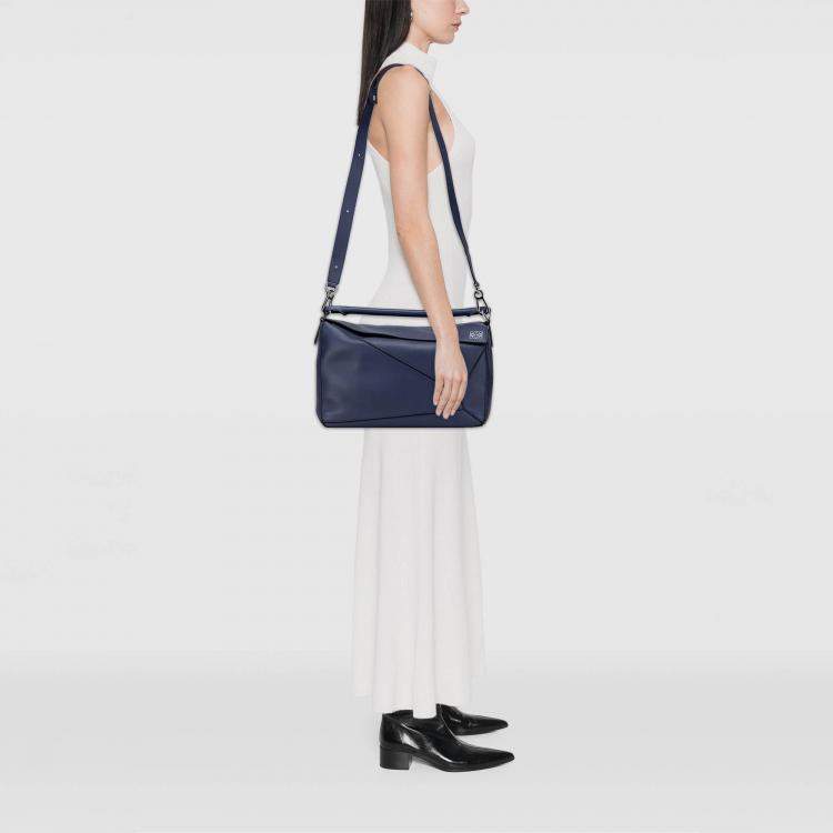 Pre Owned Loewe Blue Large Calfskin Puzzle Satchel