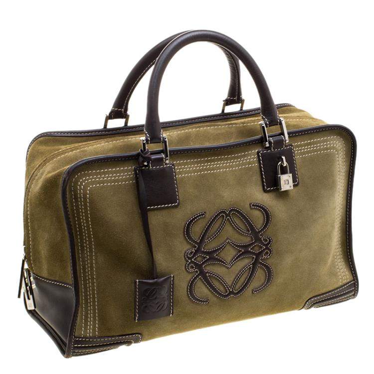 Pre Owned Loewe Khaki/Brown Suede Amazona 36 Tote
