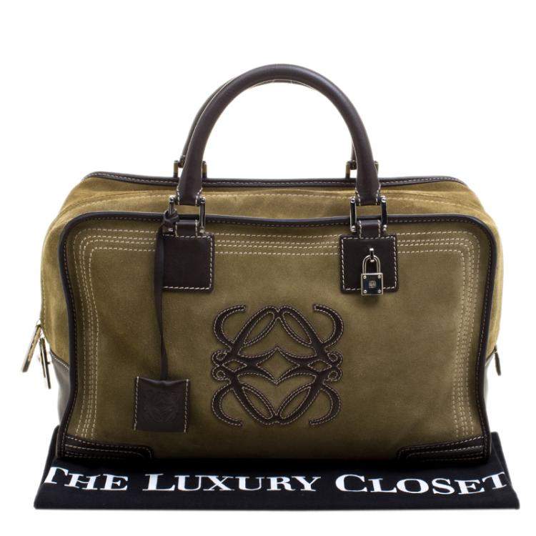 Pre Owned Loewe Khaki/Brown Suede Amazona 36 Tote