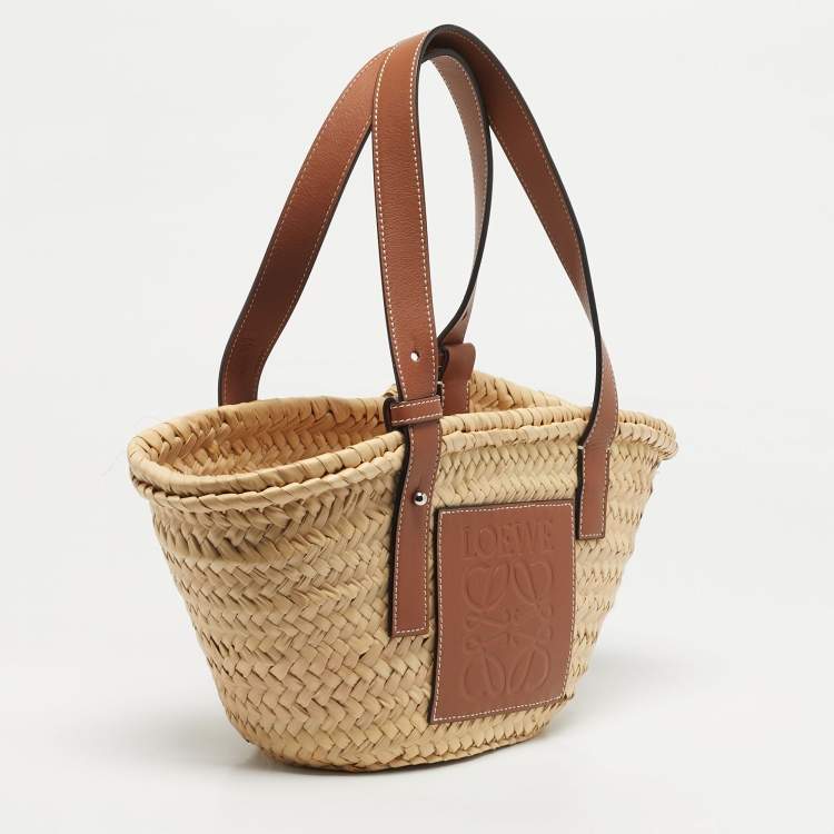 Pre Owned Loewe Beige/Brown Raffia and Leather Small Basket Tote