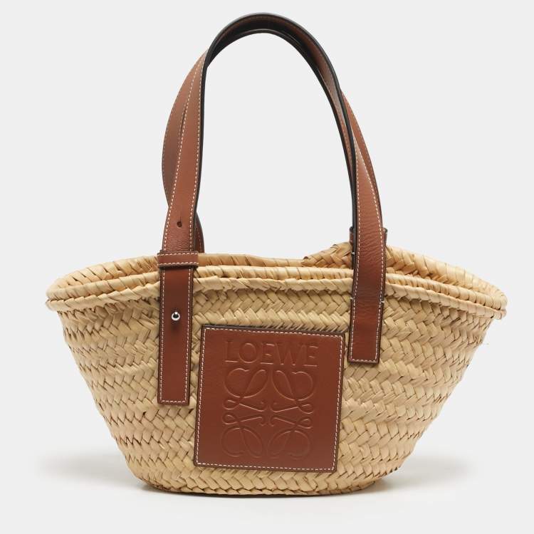 Pre Owned Loewe Beige/Brown Raffia and Leather Small Basket Tote