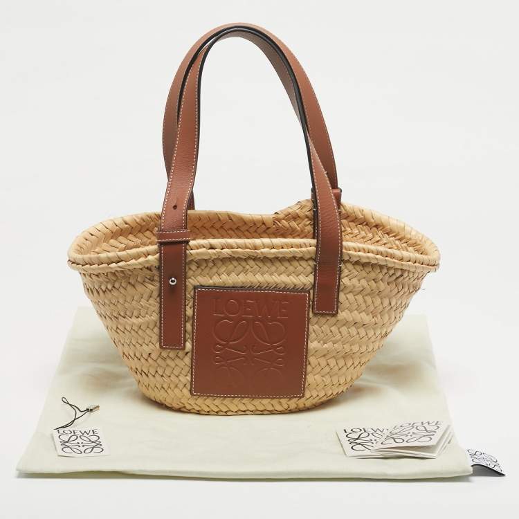 Pre Owned Loewe Beige/Brown Raffia and Leather Small Basket Tote