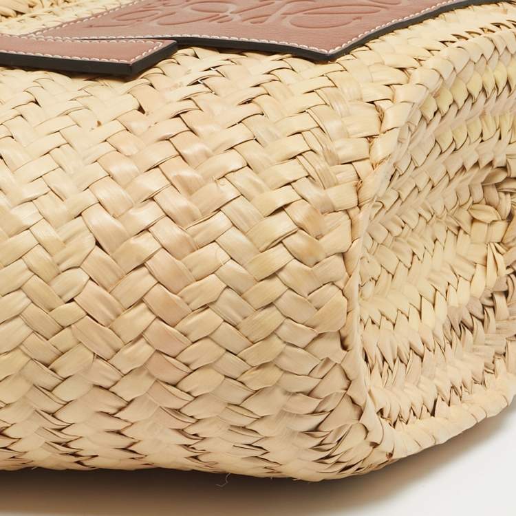 Pre Owned Loewe Beige/Brown Raffia and Leather Small Basket Tote