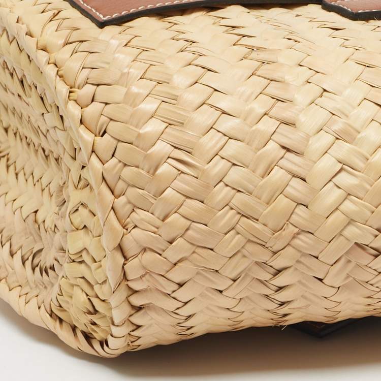 Pre Owned Loewe Beige/Brown Raffia and Leather Small Basket Tote