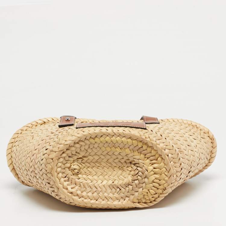 Pre Owned Loewe Beige/Brown Raffia and Leather Small Basket Tote
