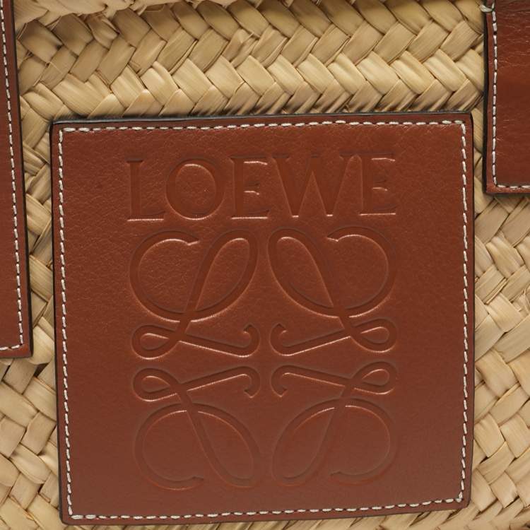 Pre Owned Loewe Beige/Brown Raffia and Leather Small Basket Tote