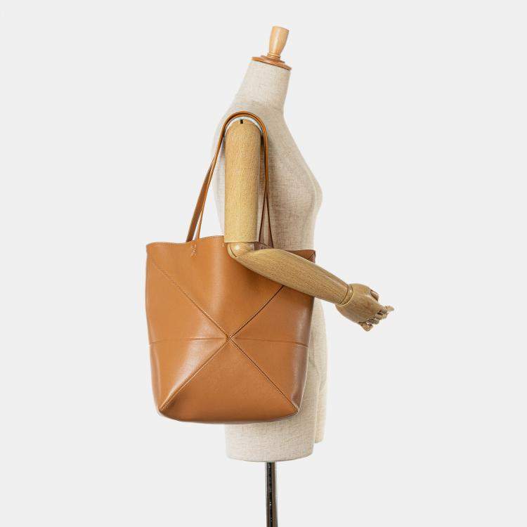 Pre Owned Loewe Brown Medium Shiny Calfskin Puzzle Fold Tote