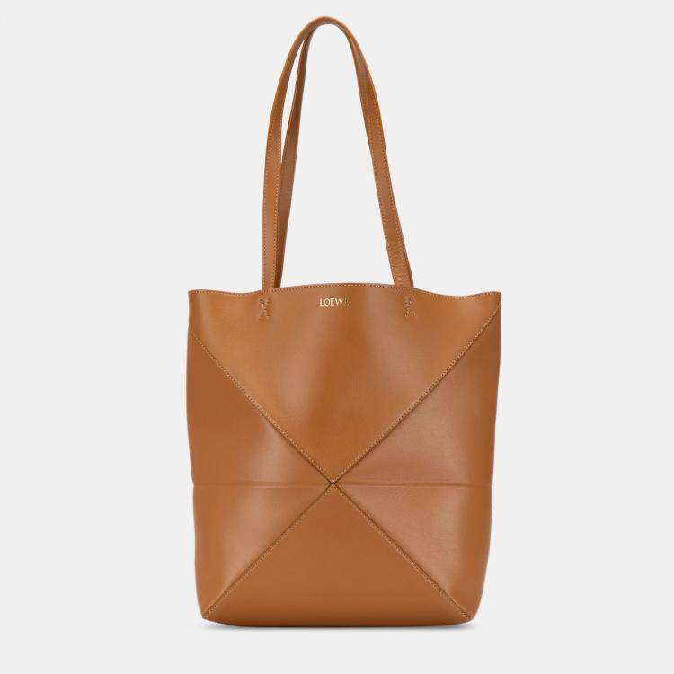 Pre Owned Loewe Brown Medium Shiny Calfskin Puzzle Fold Tote