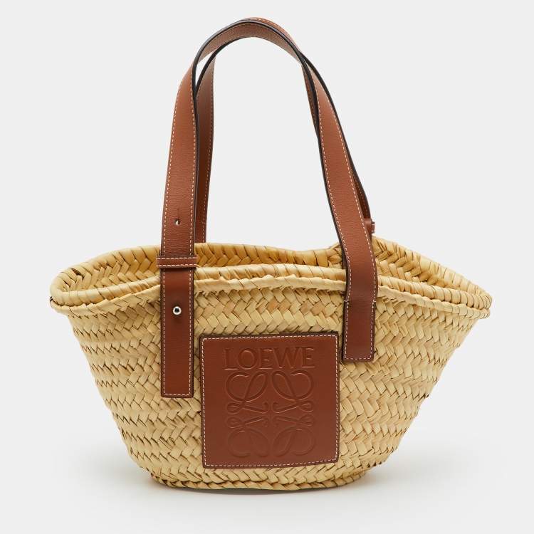Pre Owned Loewe Beige/Brown Raffia and Leather Bolso Small Basket Bag