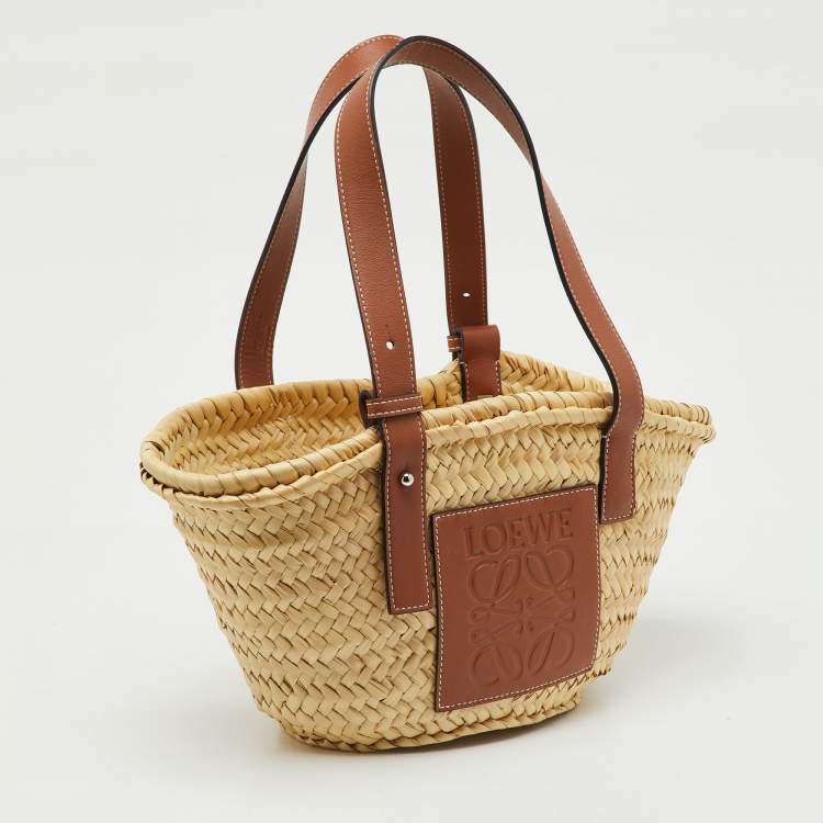 Pre Owned Loewe Beige/Brown Raffia and Leather Bolso Small Basket Bag
