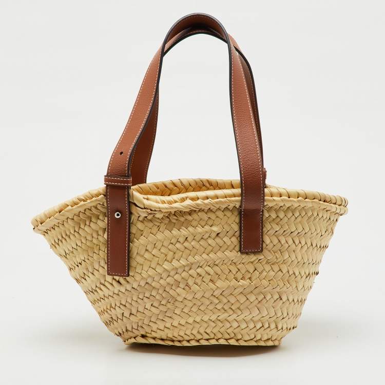 Pre Owned Loewe Beige/Brown Raffia and Leather Bolso Small Basket Bag