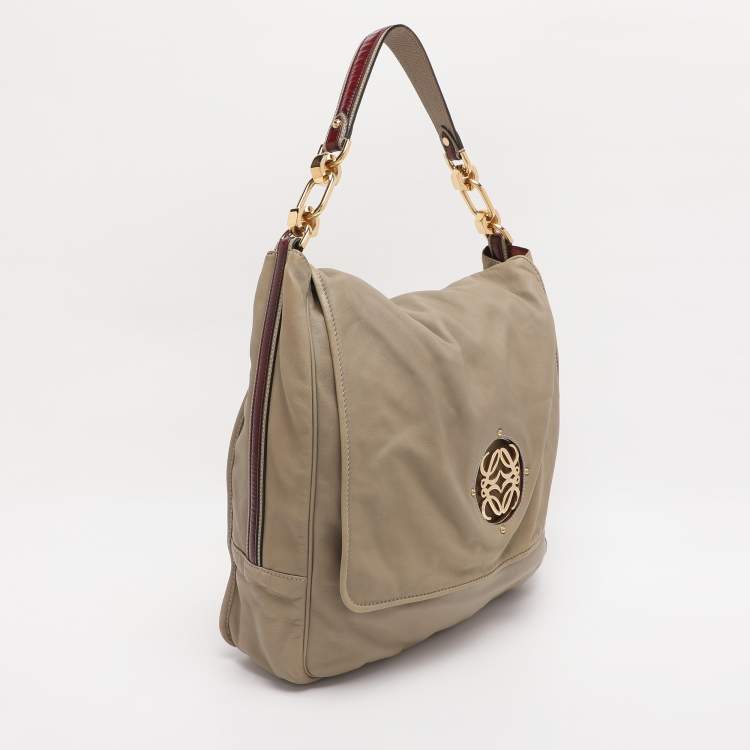 Pre Owned Loewe Olive/Burgundy Karung and Leather Anagram Shoulder Bag