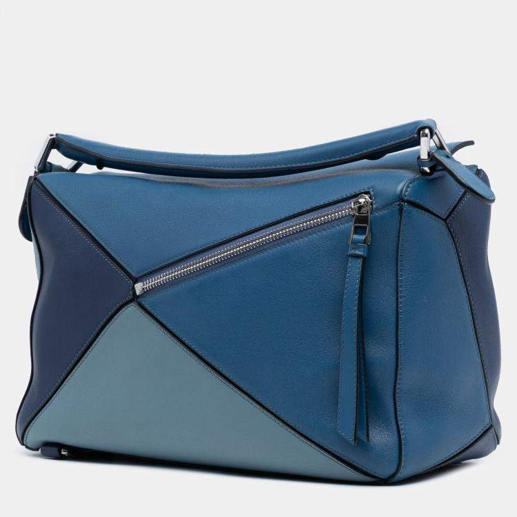 Pre Owned Loewe Blue Medium Tricolor Calfskin Puzzle Satchel