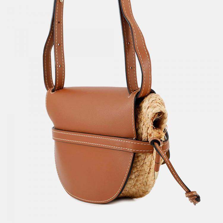 Pre Owned Loewe Gate Shoulder Bag Tan/Natural Raffia Leather Size Small
