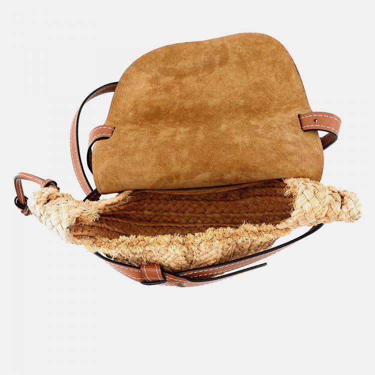 Pre Owned Loewe Gate Shoulder Bag Tan/Natural Raffia Leather Size Small