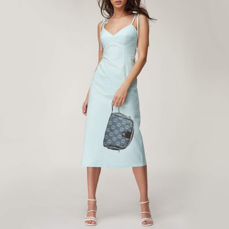 Pre Owned Loewe Blue/Brown Denim and Leather Anagram Wristlet Pouch 