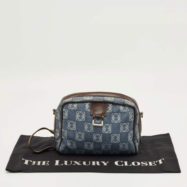 Pre Owned Loewe Blue/Brown Denim and Leather Anagram Wristlet Pouch 