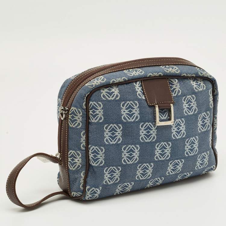 Pre Owned Loewe Blue/Brown Denim and Leather Anagram Wristlet Pouch 