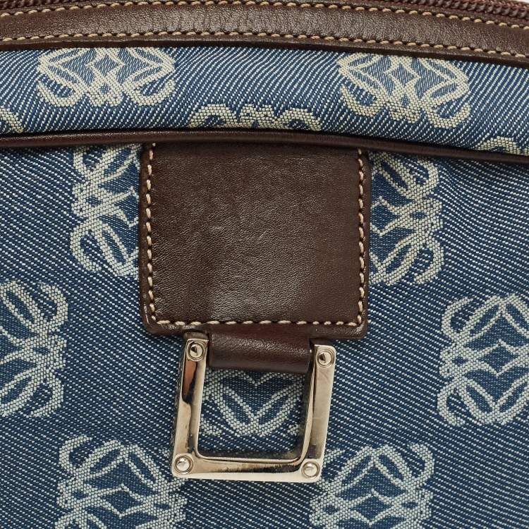 Pre Owned Loewe Blue/Brown Denim and Leather Anagram Wristlet Pouch 