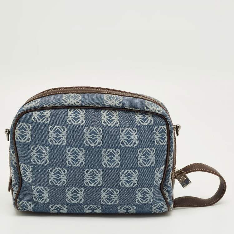 Pre Owned Loewe Blue/Brown Denim and Leather Anagram Wristlet Pouch 