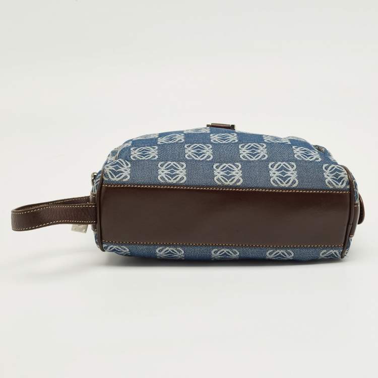 Pre Owned Loewe Blue/Brown Denim and Leather Anagram Wristlet Pouch 