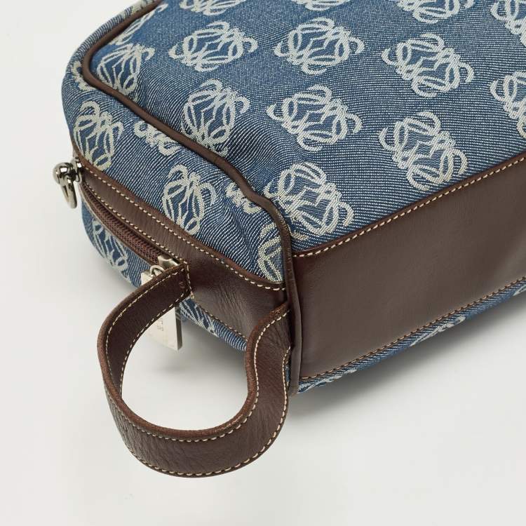Pre Owned Loewe Blue/Brown Denim and Leather Anagram Wristlet Pouch 