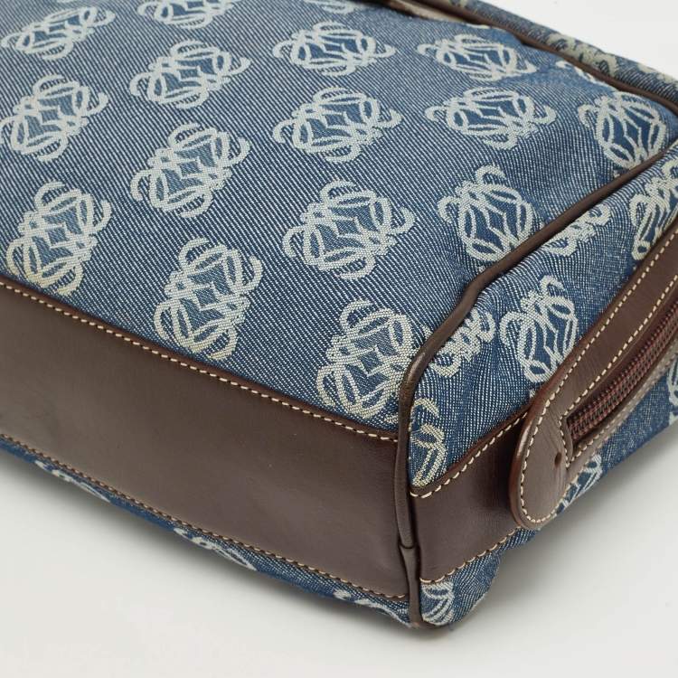 Pre Owned Loewe Blue/Brown Denim and Leather Anagram Wristlet Pouch 