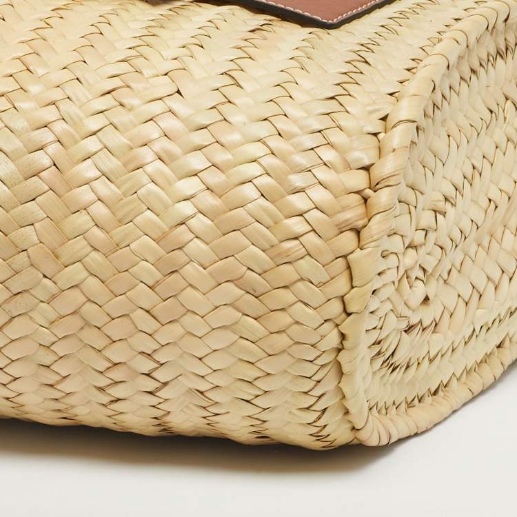 Pre Owned Loewe Tan/Natural Palm Leaf and Leather Medium Basket Tote