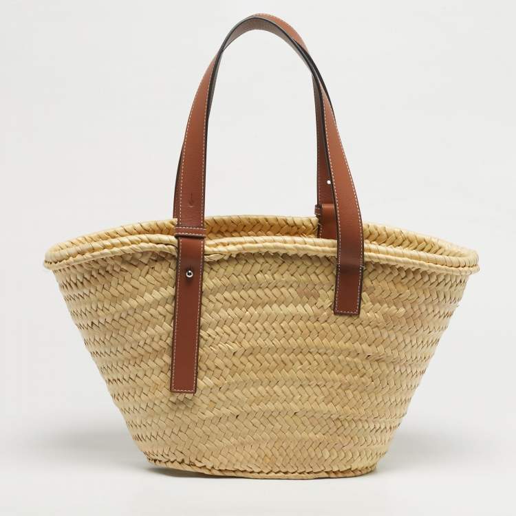 Pre Owned Loewe Tan/Natural Palm Leaf and Leather Medium Basket Tote