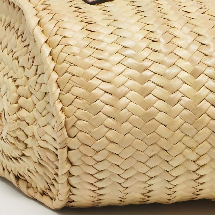 Pre Owned Loewe Tan/Natural Palm Leaf and Leather Medium Basket Tote