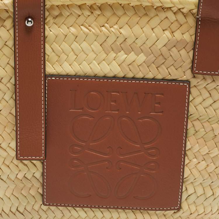 Pre Owned Loewe Tan/Natural Palm Leaf and Leather Medium Basket Tote