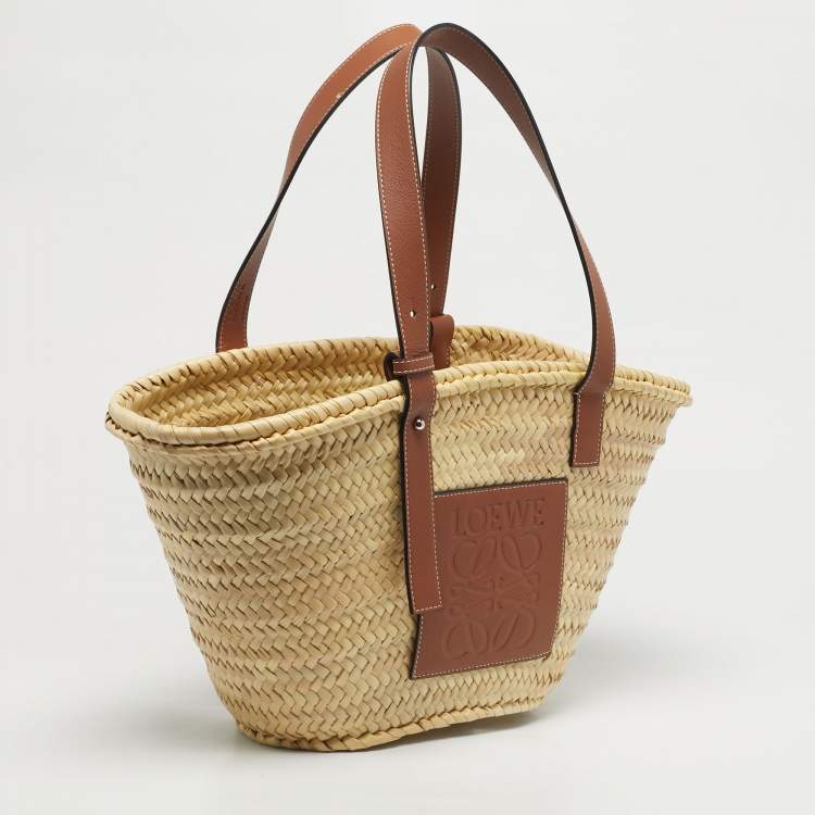 Pre Owned Loewe Tan/Natural Palm Leaf and Leather Medium Basket Tote