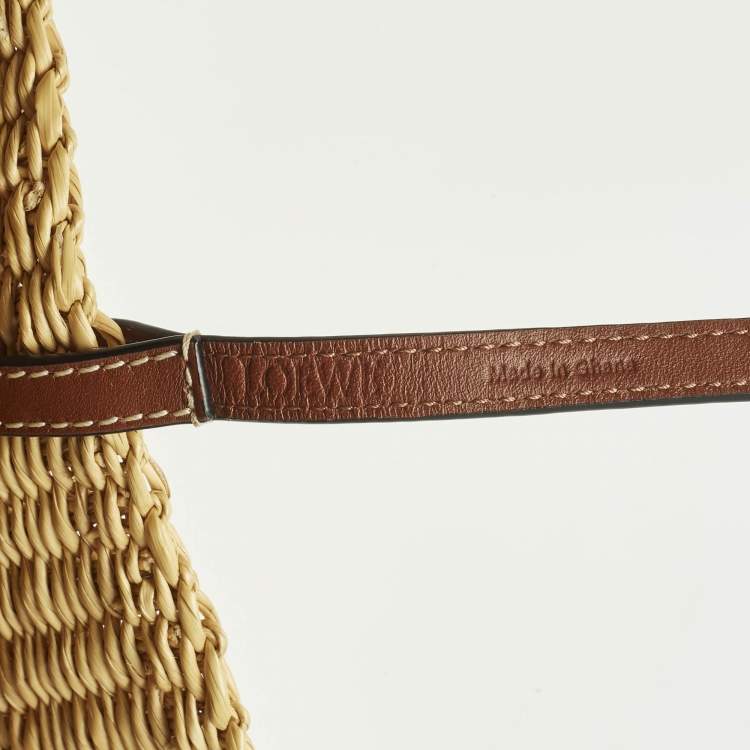 Pre Owned Loewe Brown/Natural Woven Raffia and Leather Shell Basket Tote