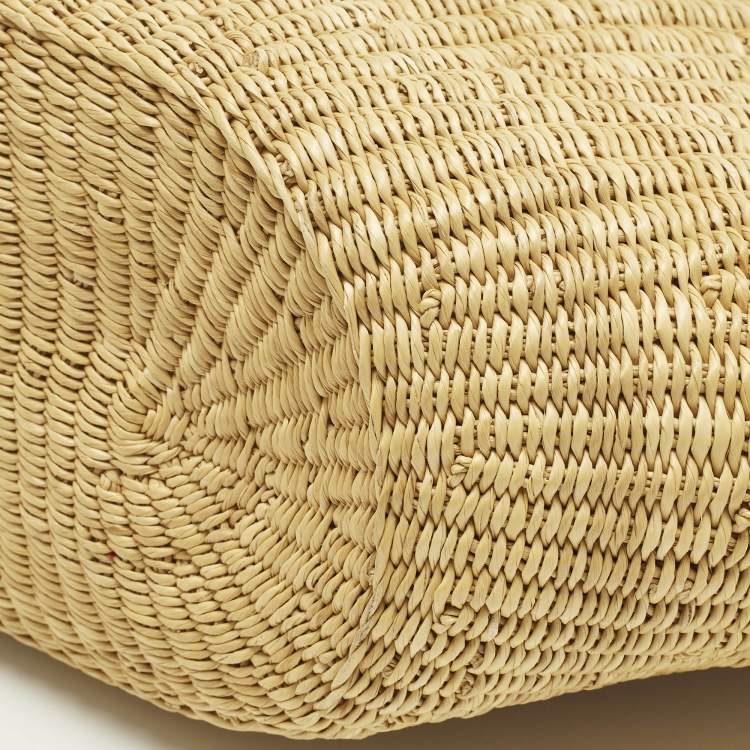 Pre Owned Loewe Brown/Natural Woven Raffia and Leather Shell Basket Tote