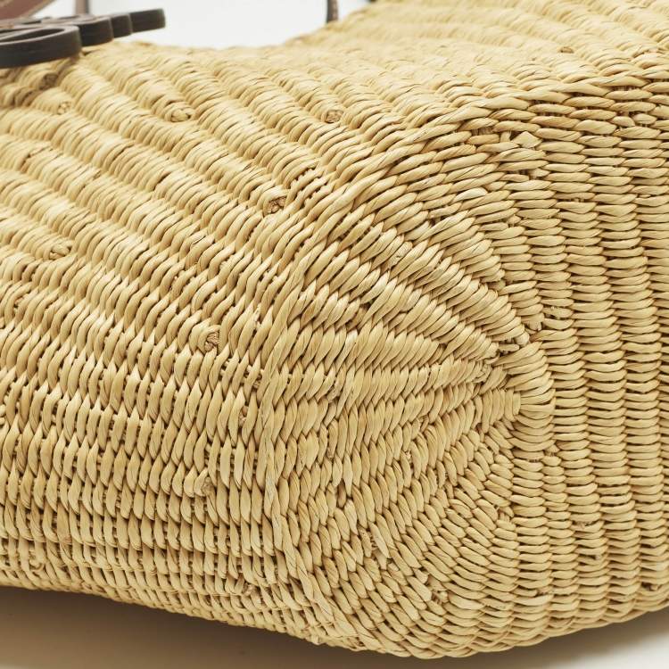 Pre Owned Loewe Brown/Natural Woven Raffia and Leather Shell Basket Tote