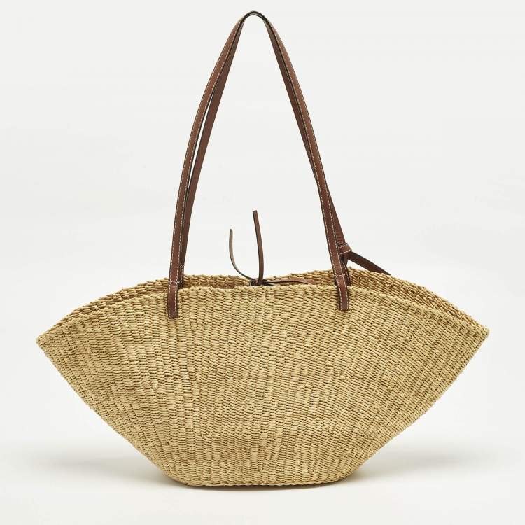 Pre Owned Loewe Brown/Natural Woven Raffia and Leather Shell Basket Tote