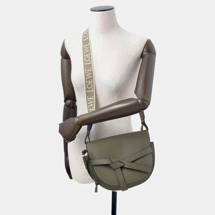 Pre Owned Loewe Gate Dual Shoulder Bag Olive Green Calf Leather Size Small