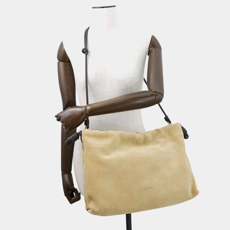 Pre Owned Loewe Flamenco Purse 2Way Shoulder Bag Beige Suede Size Large