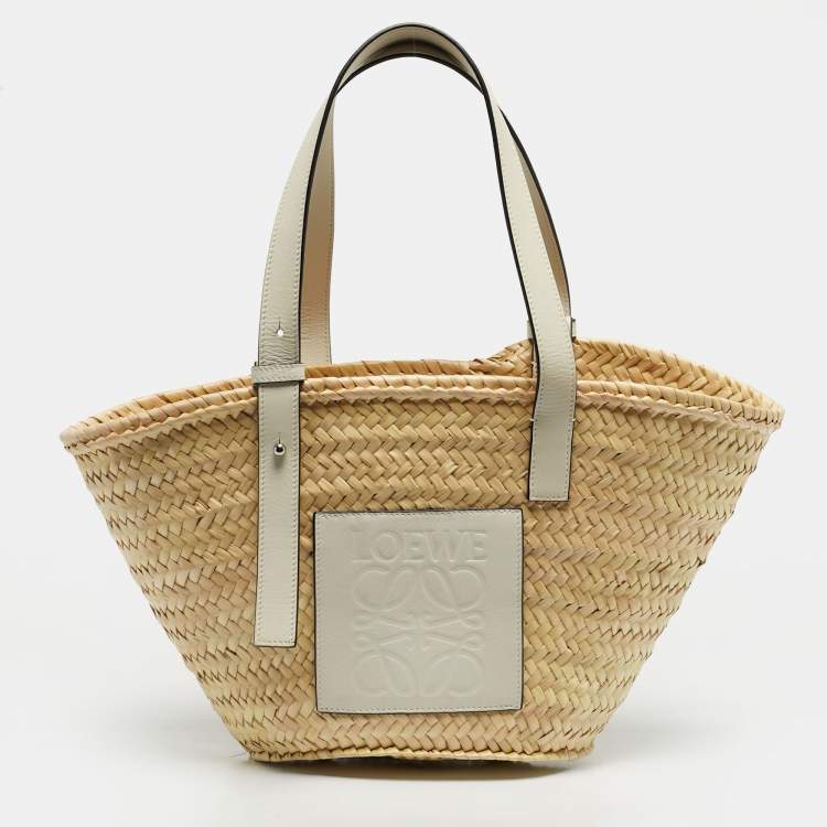 Pre Owned Loewe White/Cream Leather and Raffia Beach Basket Bag