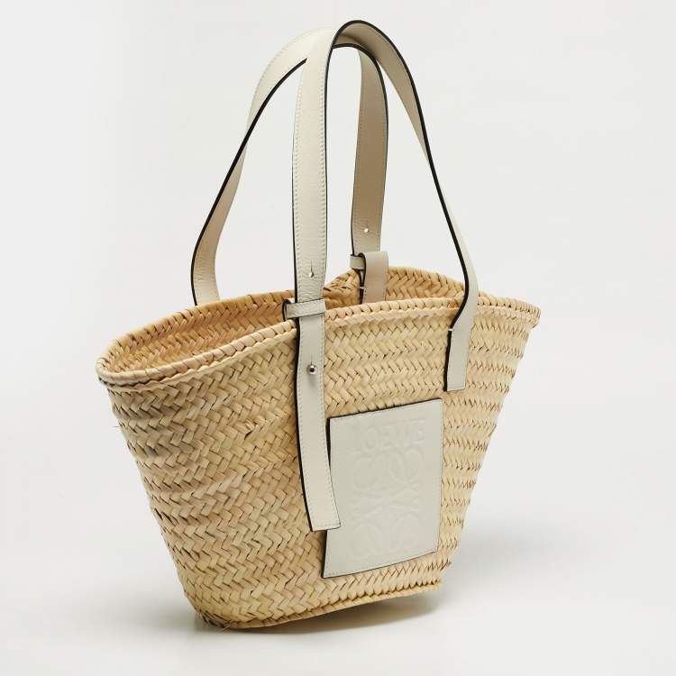 Pre Owned Loewe White/Cream Leather and Raffia Beach Basket Bag