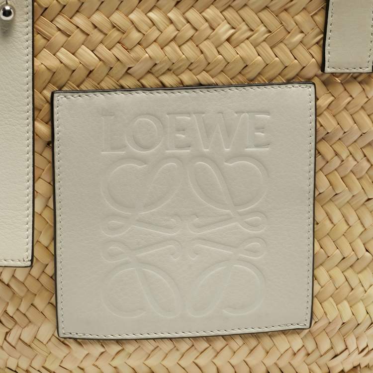 Pre Owned Loewe White/Cream Leather and Raffia Beach Basket Bag