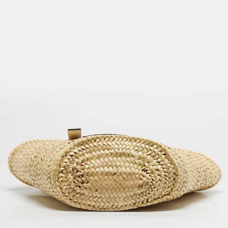 Pre Owned Loewe White/Cream Leather and Raffia Beach Basket Bag