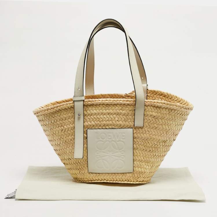 Pre Owned Loewe White/Cream Leather and Raffia Beach Basket Bag