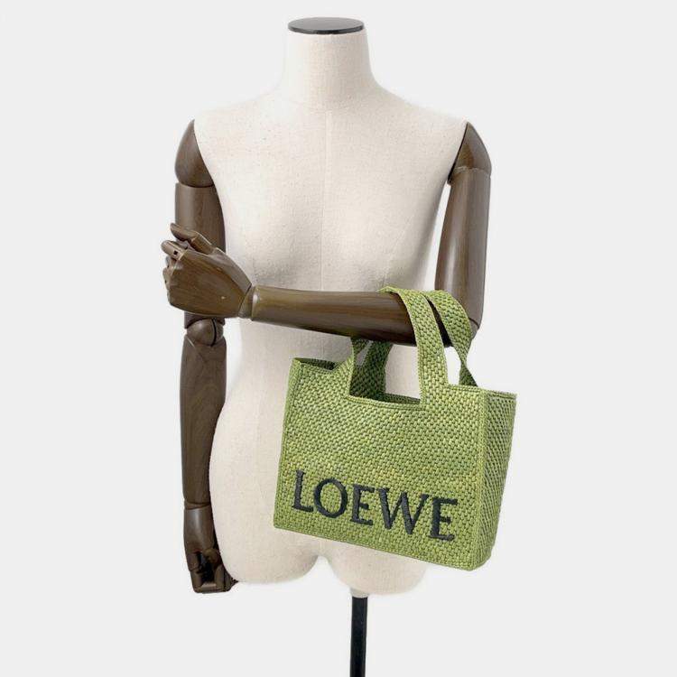 Pre Owned Loewe Font Tote Bag Green Raffia Leather Size Small