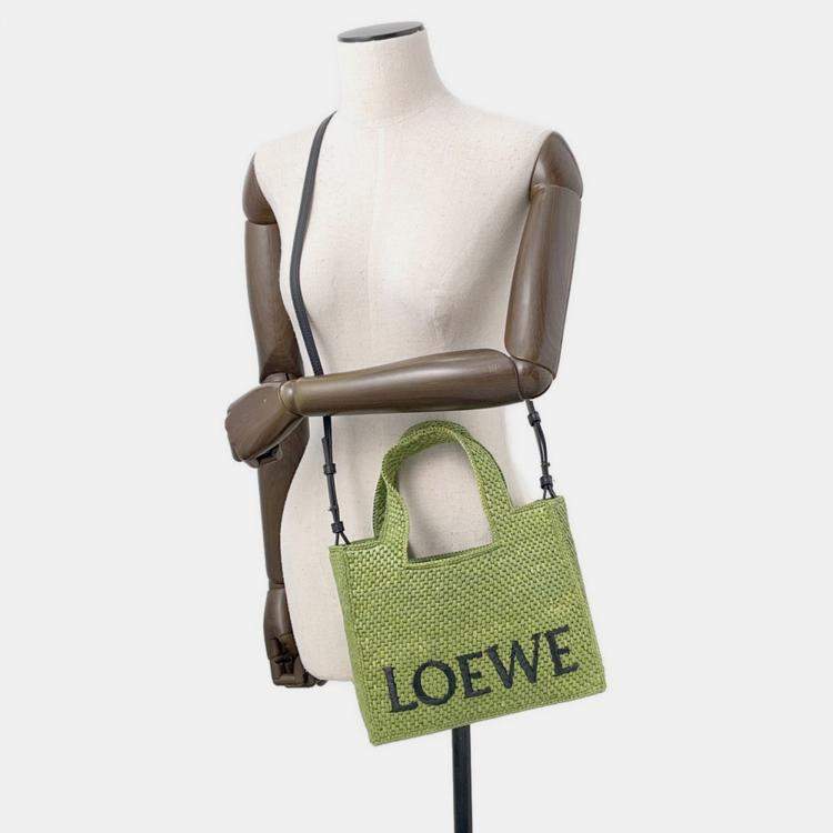 Pre Owned Loewe Font Tote Bag Green Raffia Leather Size Small