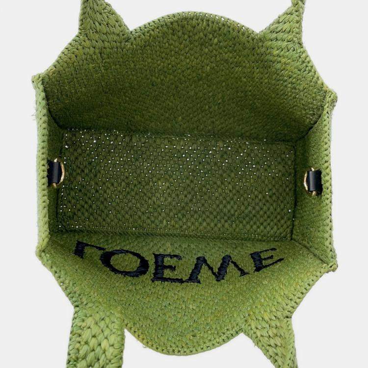 Pre Owned Loewe Font Tote Bag Green Raffia Leather Size Small