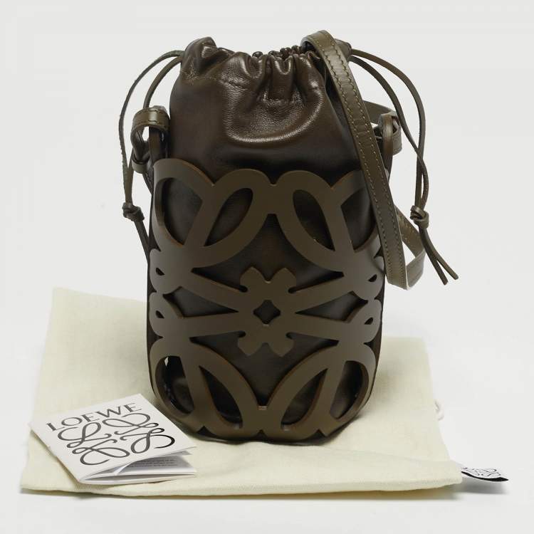 Pre Owned Loewe Anagram Cutout Olive Green Leather Bucket Pouch Bag