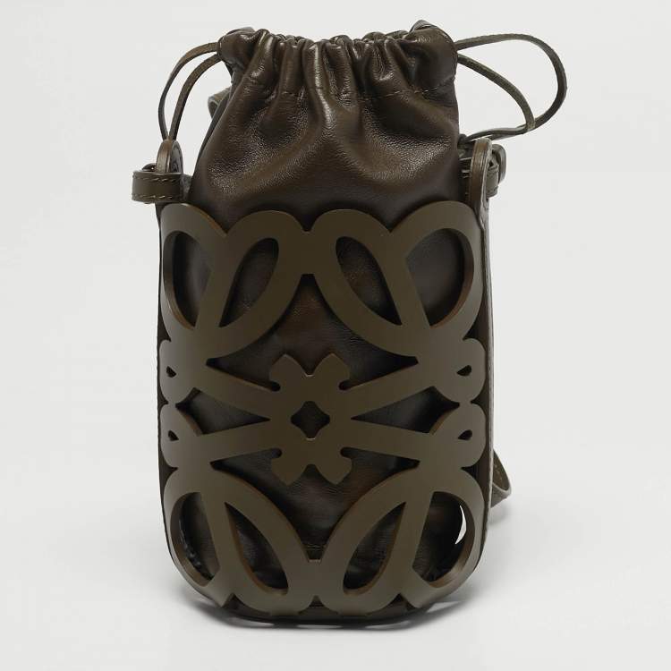 Pre Owned Loewe Anagram Cutout Olive Green Leather Bucket Pouch Bag
